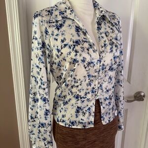 Zara White and Blue Floral Blouse